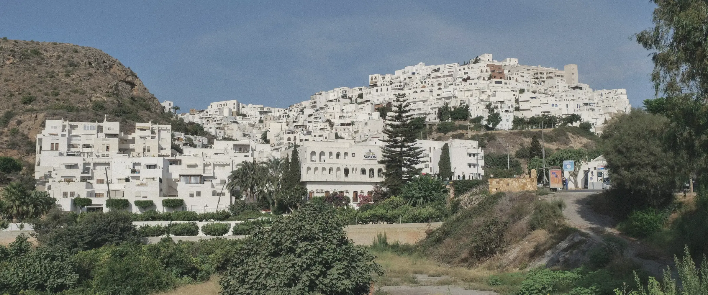 The white hilltop village of Mojácar rising above the Andalusian countryside.